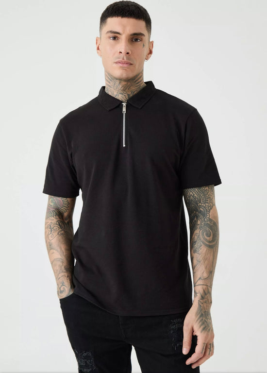 MENS BLACK HALF ZIPPER T SHIRT